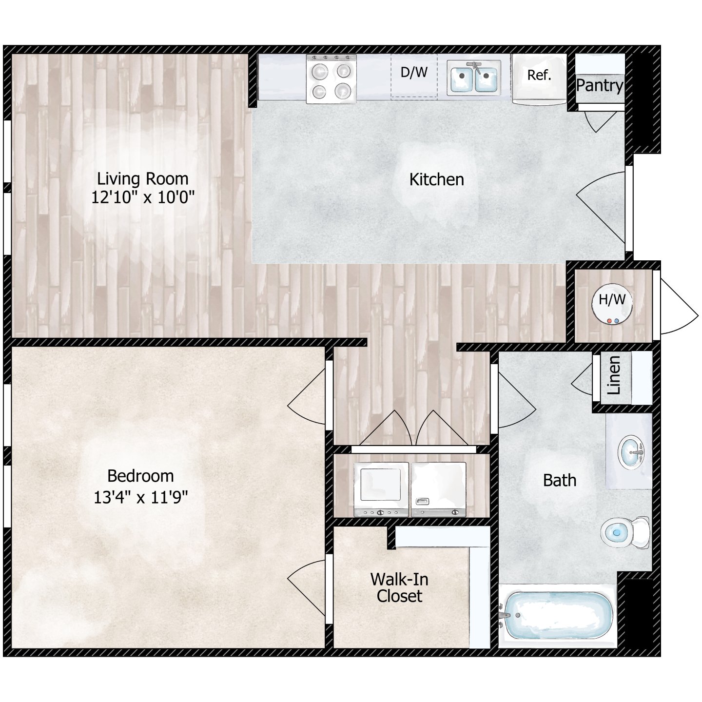 Floor plan for 1 bed, 1 bath, 649 sqft